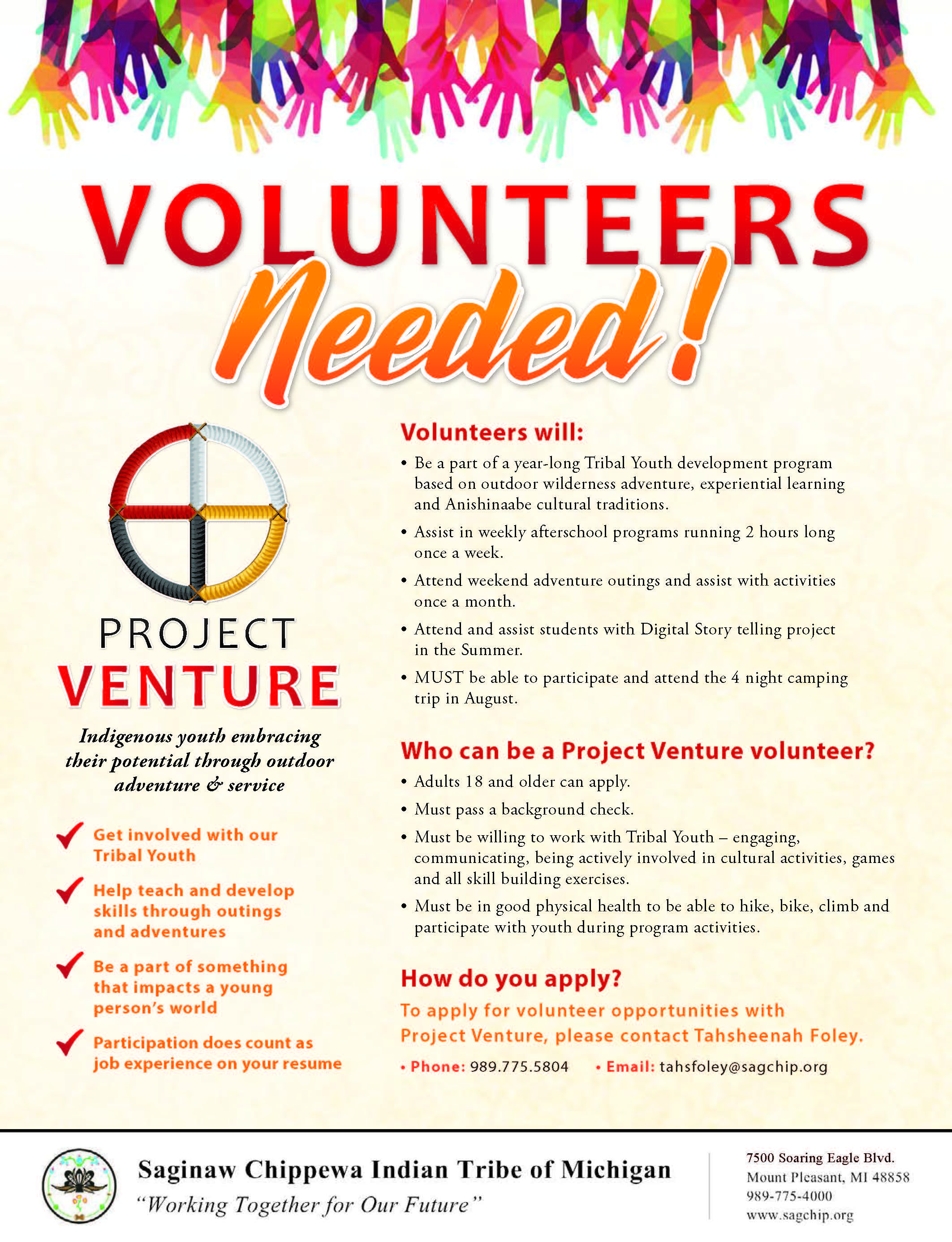 Project Venture Project Venture Volunteers Needed! - Saginaw Chippewa Indian Tribe